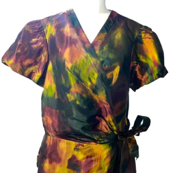 Lafayette 148 New York 100% Silk Iridescent Multicolored Wrap Blouse Size 12 - Picture 1 of 11